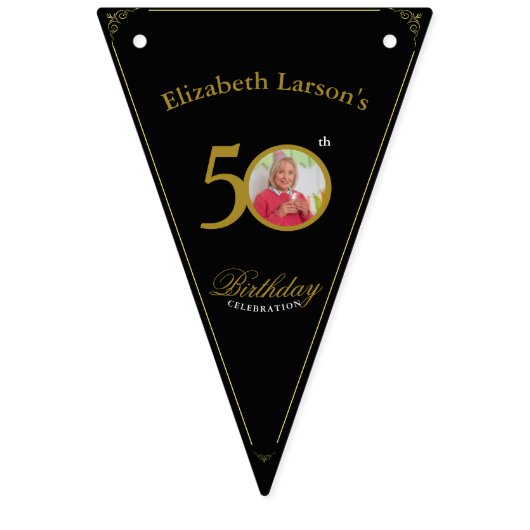 黒エレガントと金ゴールド50番目の誕生日招待状 バンティングフラッグ (第1の旗)