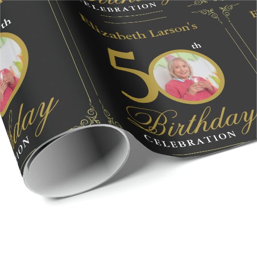 黒エレガントと金ゴールド50番目の誕生日招待状 ラッピングペーパー (ロールコーナー)