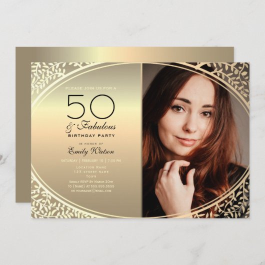黒エレガントと金ゴールド50誕生日 招待状 (正面/裏面)