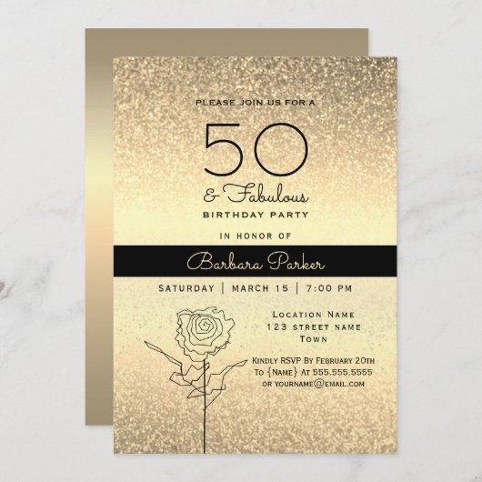 黒エレガントと金ゴールド50誕生日 招待状 (正面/裏面)