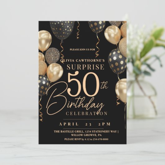 黒エレガントと金ゴールド50thフォト誕生日 招待状 (スタンド正面)
