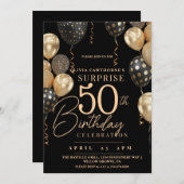 黒エレガントと金ゴールド50thフォト誕生日 招待状 (正面/裏面)