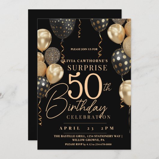 黒エレガントと金ゴールド50thフォト誕生日 招待状 (正面/裏面)