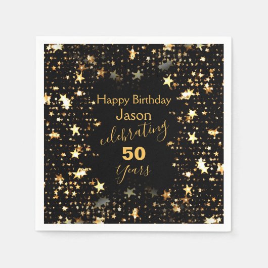 黒エレガントと金ゴールド50th誕生日パーティー スタンダードカクテルナプキン (正面)