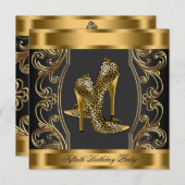 黒エレガントと金ゴールド50th誕生日パーティー 招待状 (正面/裏面)