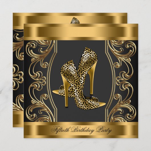 黒エレガントと金ゴールド50th誕生日パーティー 招待状 (正面/裏面)