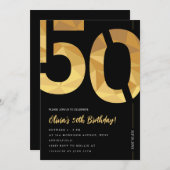 黒エレガントと金ゴールド50th誕生日パーティー 招待状 (正面/裏面)