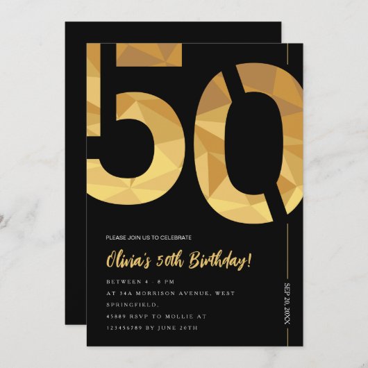 黒エレガントと金ゴールド50th誕生日パーティー 招待状 (正面/裏面)