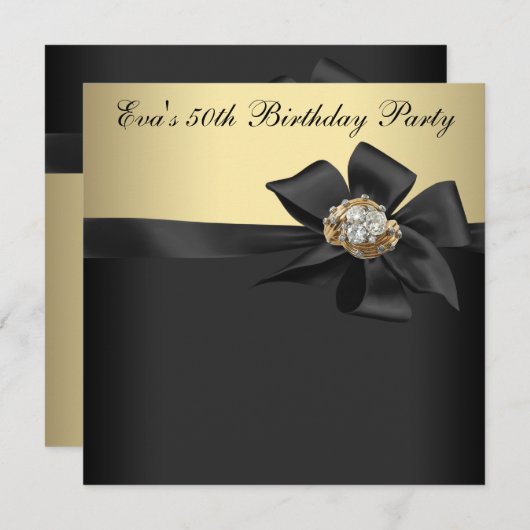 黒エレガントと金ゴールド50th誕生日パーティー 招待状 (正面/裏面)