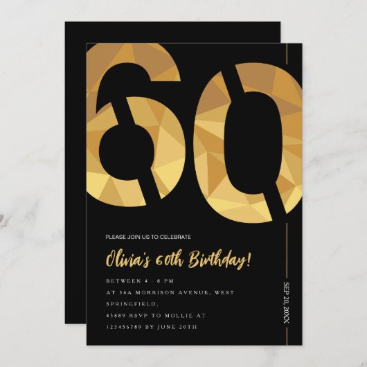 黒エレガントと金ゴールド60th誕生日パーティー 招待状 (正面/裏面)