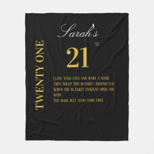 黒エレガントと金ゴールド621歳の誕生日の願い フリースブランケット (正面)