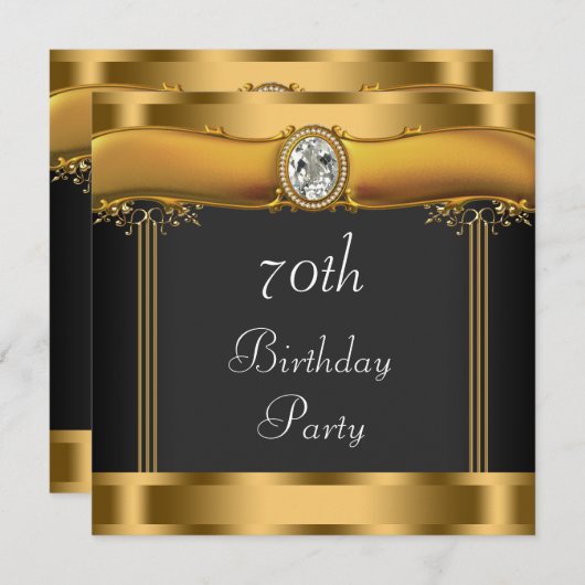 黒エレガントと金ゴールド70th誕生日パーティー 招待状 (正面/裏面)