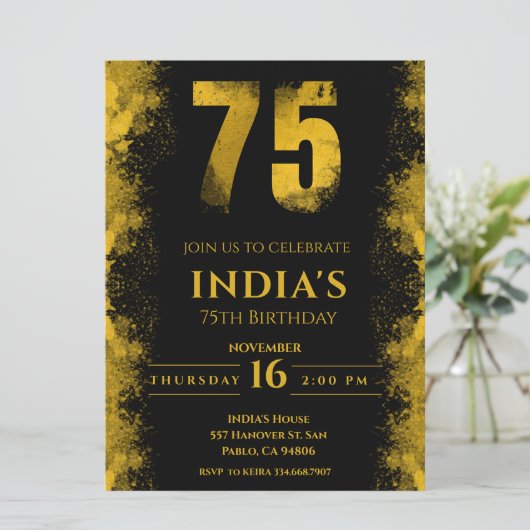 黒エレガントと金ゴールド75th誕生日パーティー 招待状 (スタンド正面)