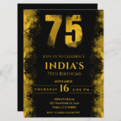 黒エレガントと金ゴールド75th誕生日パーティー 招待状 (正面/裏面)