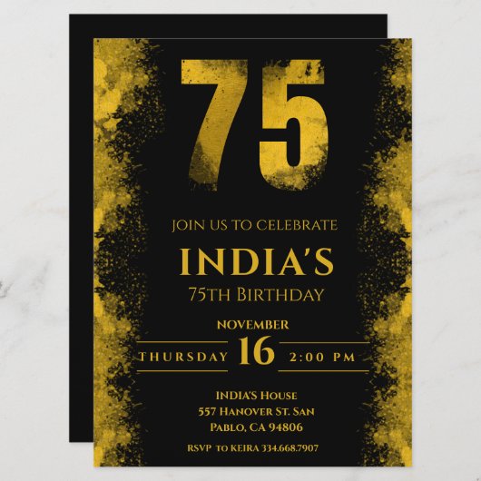 黒エレガントと金ゴールド75th誕生日パーティー 招待状 (正面/裏面)
