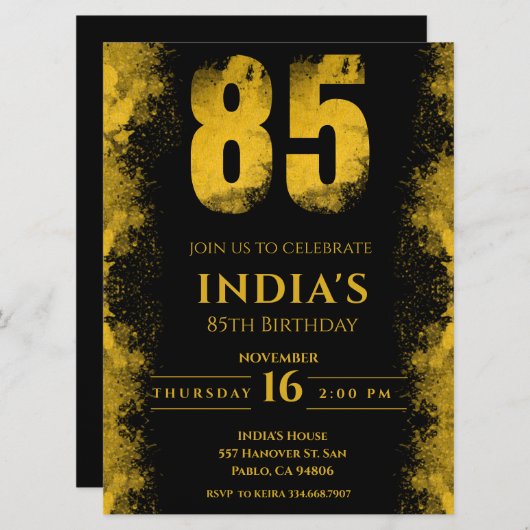 黒エレガントと金ゴールド85th誕生日パーティー 招待状 (正面/裏面)