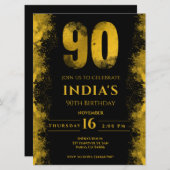 黒エレガントと金ゴールド90th誕生日パーティー 招待状 (正面/裏面)