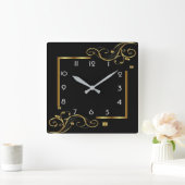 黒エレガントと金ゴールド スクエア壁時計 (ホーム)