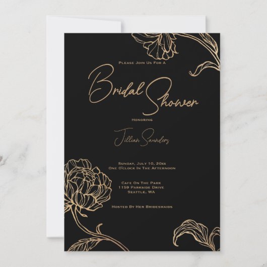 黒エレガントと金ゴールド、モダンブライダルシャワー 招待状 (正面)