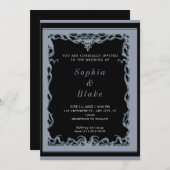 黒エレガントと銀のアールデコ結婚 招待状 (正面/裏面)