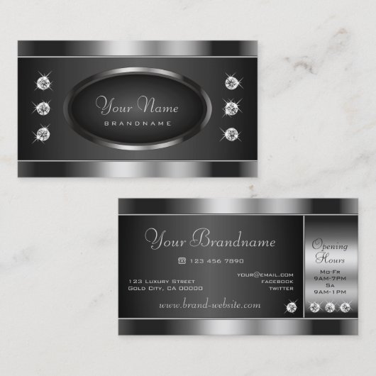 黒エレガントと銀のクロームきらめく効果 名刺 (正面/裏面)