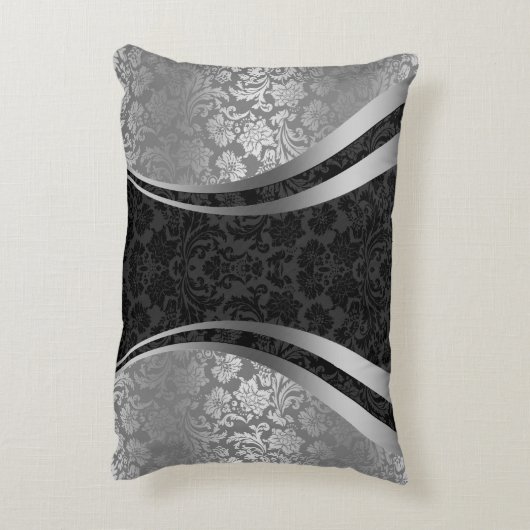 黒エレガントと銀のグレーのフローラダマスク アクセントクッション (裏面(縦))