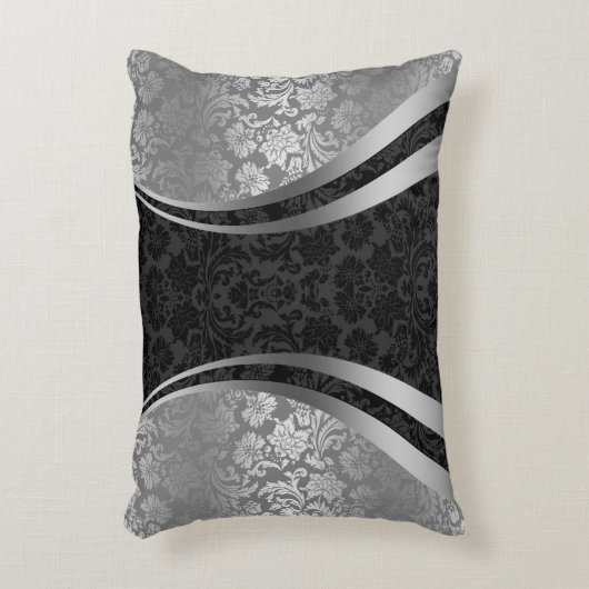 黒エレガントと銀のグレーのフローラダマスク アクセントクッション (正面(垂直))