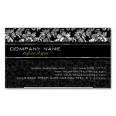 黒エレガントと銀のグレーのフローラダマスク マグネット名刺 (正面)