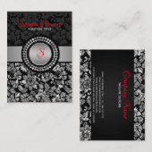 黒エレガントと銀のグレーのフローラダマスク 名刺 (正面/裏面)