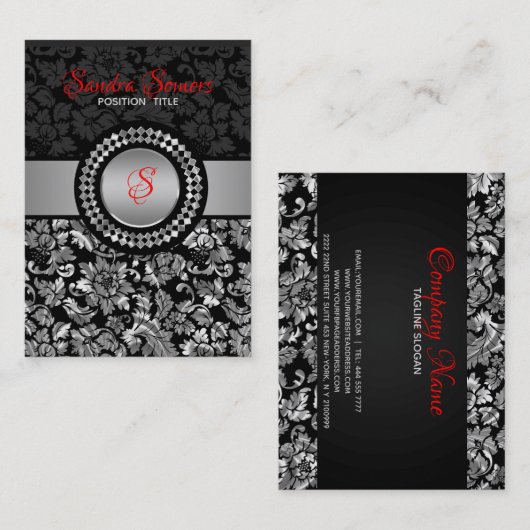 黒エレガントと銀のグレーのフローラダマスク 名刺 (正面/裏面)