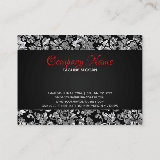 黒エレガントと銀のグレーのフローラダマスク 名刺 (裏面)