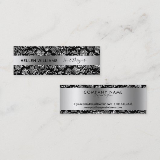 黒エレガントと銀のダマスク スキニー名刺 (正面/裏面)