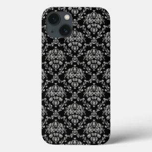 黒エレガントと銀のダマスク iPhone 13ケース