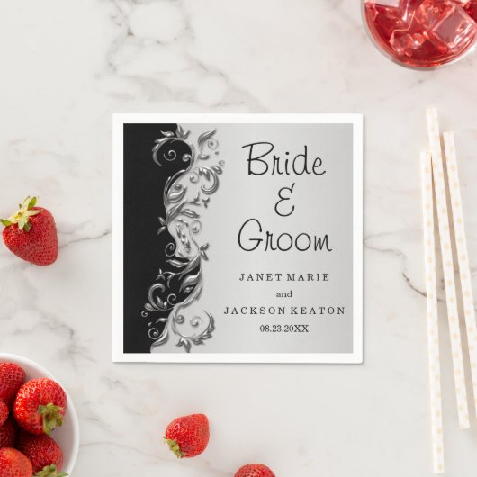 黒エレガントと銀のフローラ結婚 スタンダードカクテルナプキン (インサイチュ)