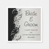 黒エレガントと銀のフローラ結婚 スタンダードカクテルナプキン (正面)