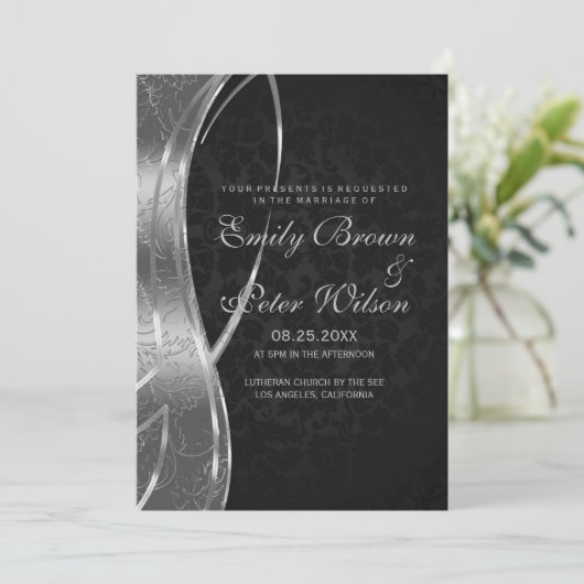 黒エレガントと銀の灰色のダマスクの結婚式 招待状 (スタンド正面)