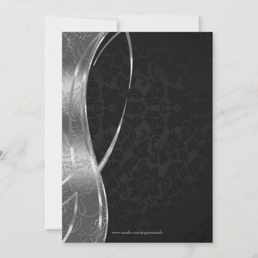 黒エレガントと銀の灰色のダマスクの結婚式 招待状 (裏面)