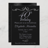 黒エレガントと銀の40歳の誕生日 招待状 (正面/裏面)