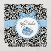 黒エレガントと青のダマスクの赤ちゃんシャワー 招待状 (正面/裏面)