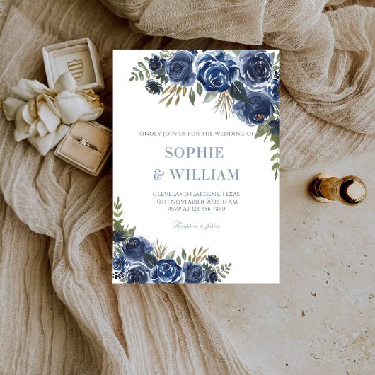 黒エレガントと青のバラ結婚式 招待状