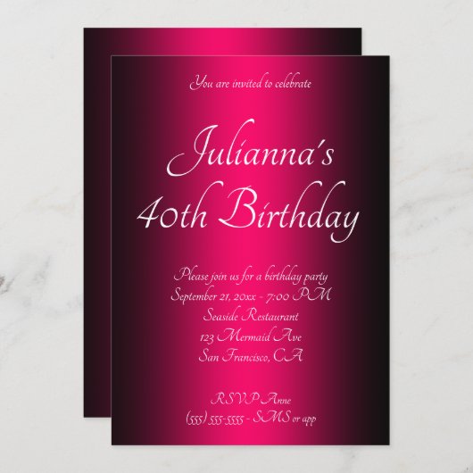 黒エレガントと鮮やかなピンクのグラデーション40歳の誕生日 招待状 (正面/裏面)