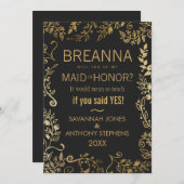 黒エレガントと黄の金ゴールドフローラメイド・オブ・オーナー（花嫁付き添い人） 招待状 (正面/裏面)