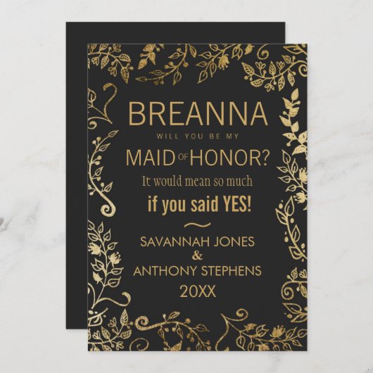 黒エレガントと黄の金ゴールドフローラメイド・オブ・オーナー（花嫁付き添い人） 招待状 (正面/裏面)