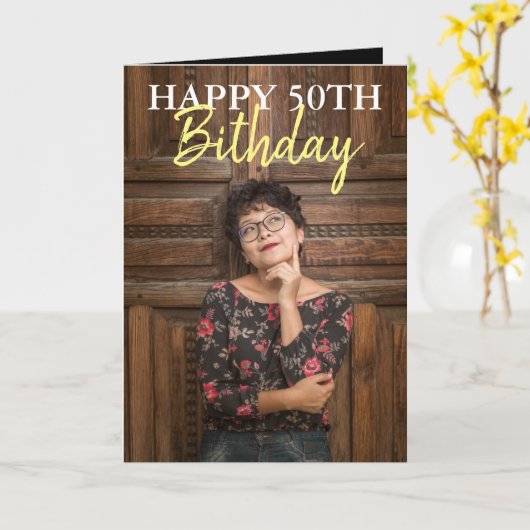 黒エレガントと黄色の写真妹50誕生日 カード (黄色い花)