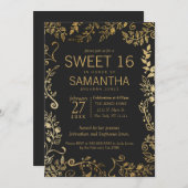 黒エレガントと黄色の金ゴールドフローラ甘い16 招待状 (正面/裏面)