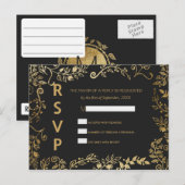 黒エレガントと黄色の金ゴールドフローラRSVPはがき インビテーションポストカード (正面/裏面)