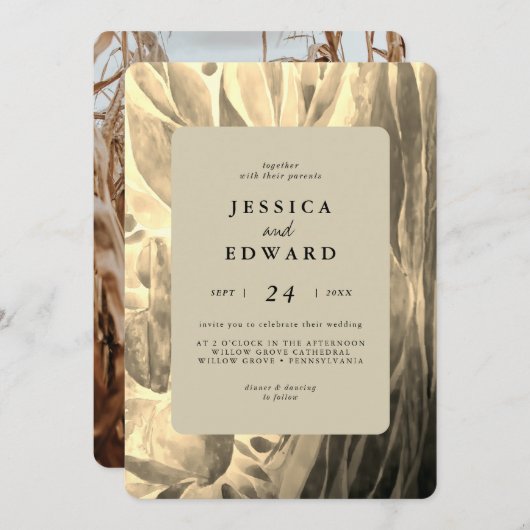 黒エレガントと黄金色の葉の写真結婚 招待状 (正面/裏面)