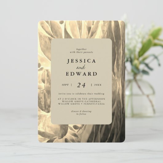 黒エレガントと黄金色の葉の写真結婚 招待状 (スタンド正面)