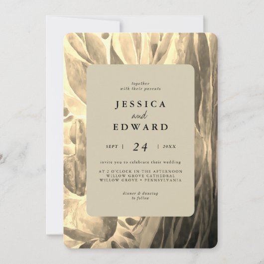 黒エレガントと黄金色の葉の写真結婚 招待状 (正面)