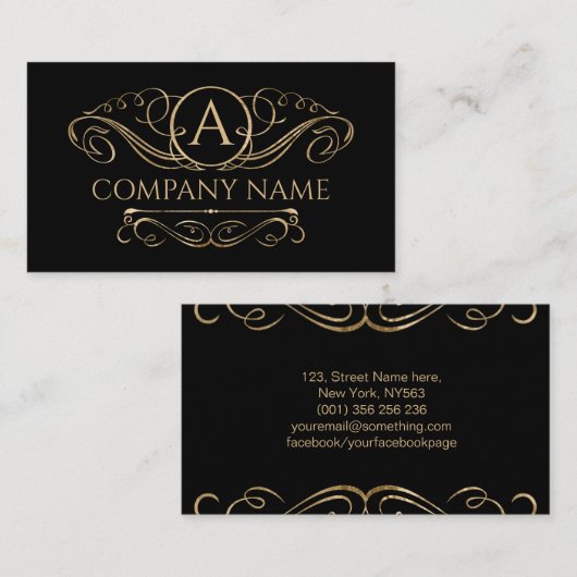 黒エレガントにモノグラム金ゴールドを旋回 名刺 (正面/裏面)
